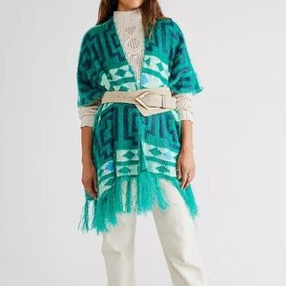 Free People Womens Diamondback Kimono Cardigan Sweater Green Size S